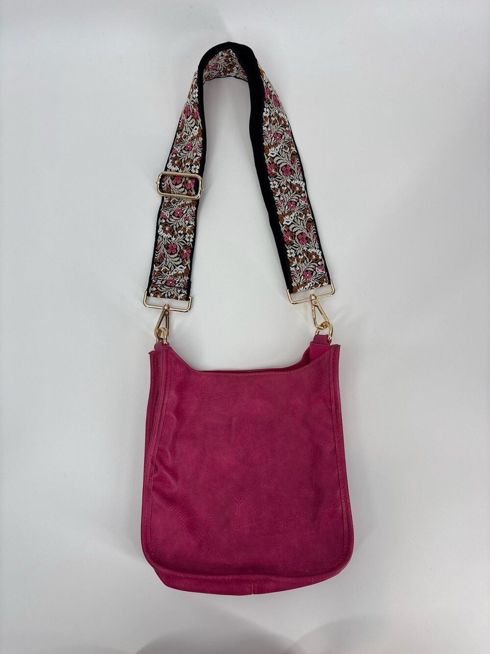 Adorned Hot Pink Messenger Crossbody Bag Boho Faux Leather Purse Floral Strap
